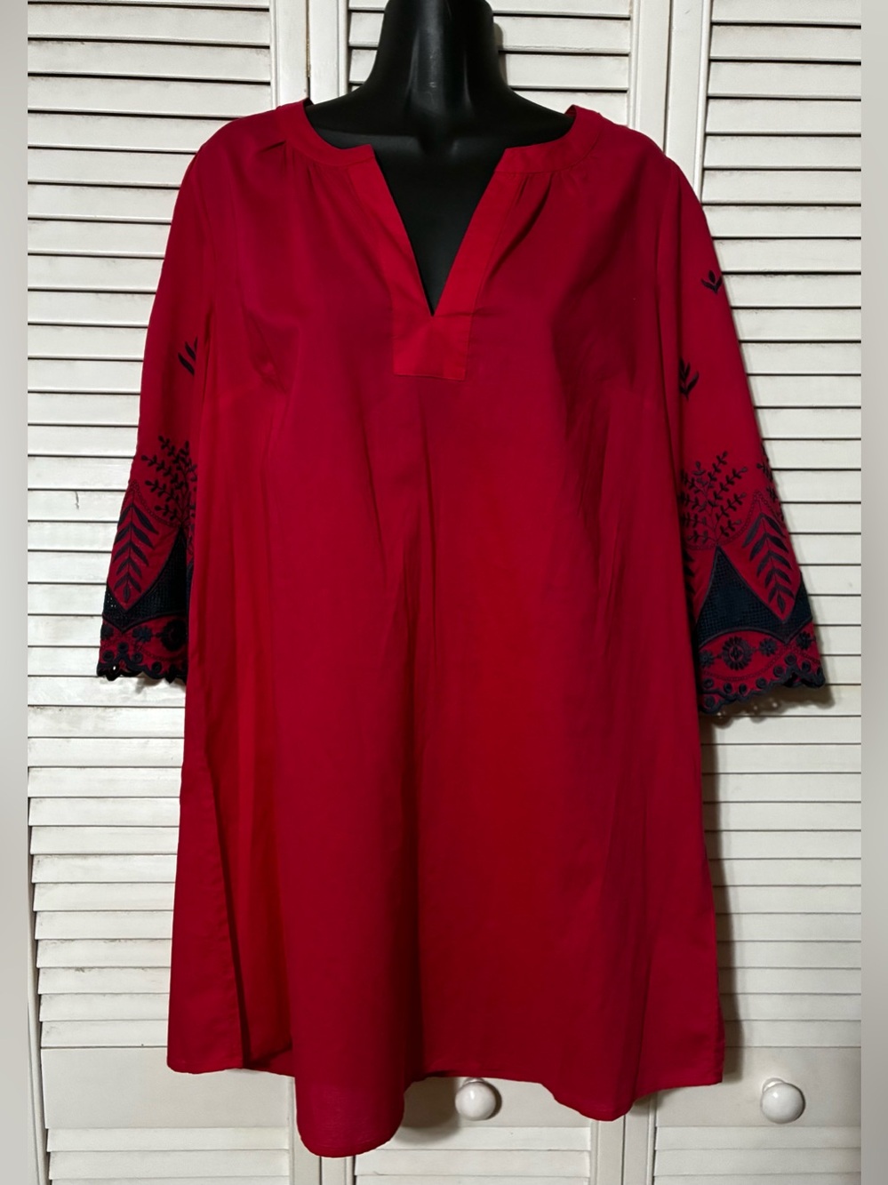 Umgee Red Tunic with Navy Embroidered Sleeves